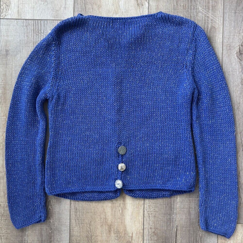 Brooch Button Handknit Womens Cotton Cardigan Size SP Blue Granny Cottagecore - Picture 7 of 12